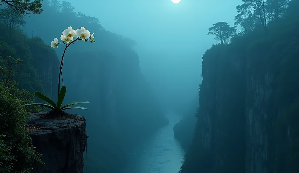 Magnificent view，Mountain top forest edge landscape photography professional high quality nature digital photography，Broad field of view，Bushes in the moonlight，Moonlight 1 White Phalaenopsis orchid on the edge of the cliff，Clear and transparent water，Huge stones stand tall，A majestic，Yamakawa，Simple and beautiful，Minimalist，Deep cyan tones，foggy sky，Nightmare vision， Dark fantasy plot，Perfect and excellent composition，8K resolution，the detail，Rain trails，dampness，water stain，very wide angle shot，Jack Guzman's environmental art photography，realisticlying