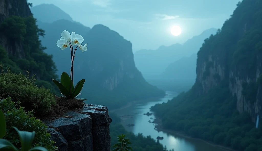 Magnificent view，Mountain top forest edge landscape photography professional high quality nature digital photography，Broad field of view，Bushes in the moonlight，Moonlight 1 White Phalaenopsis orchid on the edge of the cliff，Clear and transparent water，Huge stones stand tall，A majestic，Yamakawa，Simple and beautiful，Minimalist，Deep cyan tones，foggy sky，Nightmare vision， Dark fantasy plot，Perfect and excellent composition，8K resolution，the detail，Rain trails，dampness，water stain，very wide angle shot，Jack Guzman's environmental art photography，realisticlying