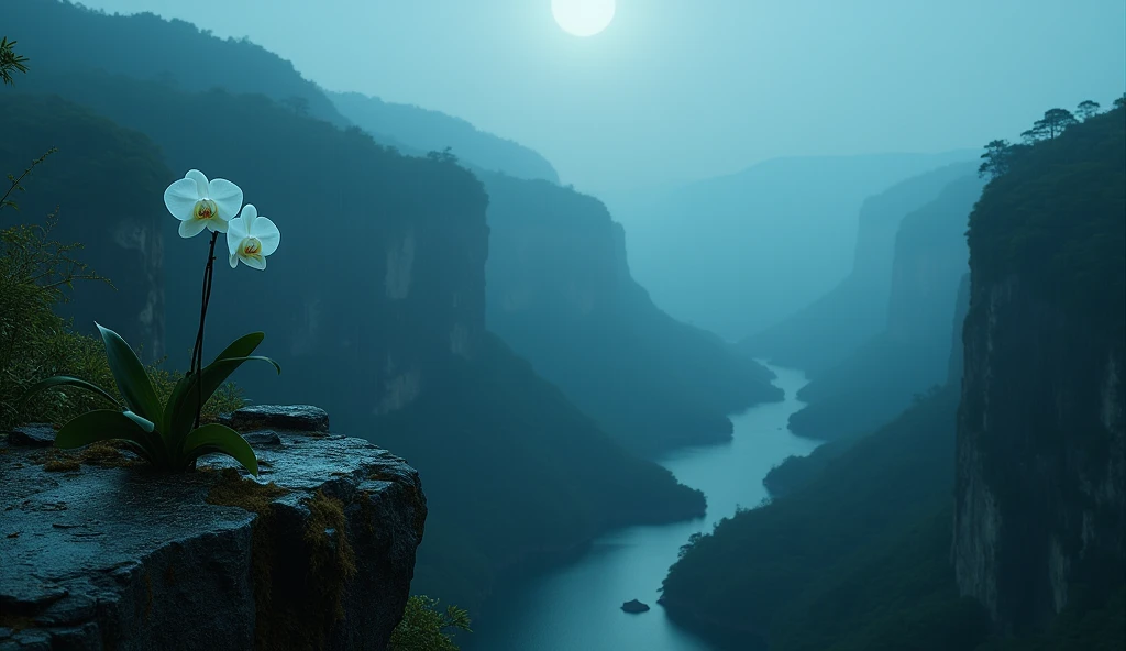 Magnificent view,Mountain top forest edge landscape photography professional high quality nature digital photography,Broad field of view,Bushes in the moonlight,Moonlight 1 White Phalaenopsis orchid on the edge of the cliff,Clear and transparent water,Huge stones stand tall,A majestic,Yamakawa,Simple and beautiful,Minimalist,Deep cyan tones,foggy sky,Nightmare vision, Dark fantasy plot,Perfect and excellent composition,8K resolution,the detail,Rain trails,dampness,water stain,very wide angle shot,Jack Guzman's environmental art photography,realisticlying