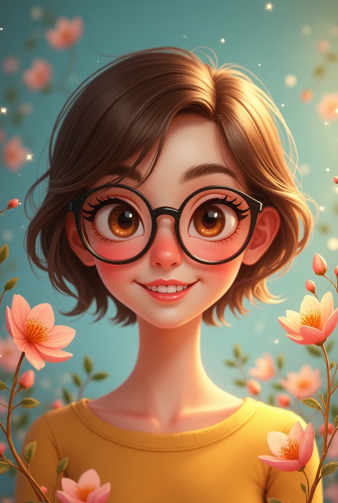 Make a happy woman with brown eyes, short light brown hair, glasses, adult disney style