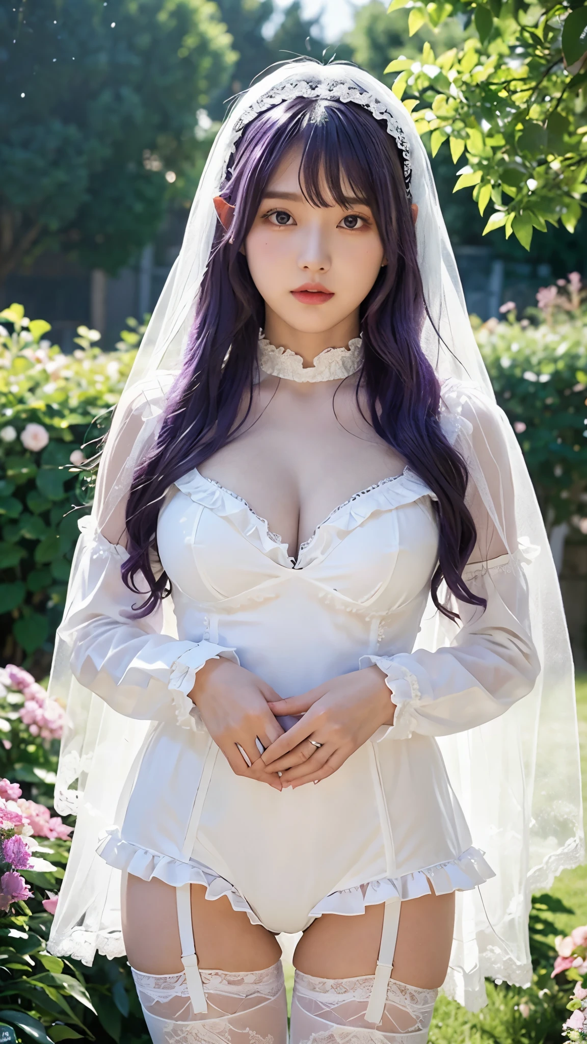 OverallDetailXL, MythAn1m3, petal rain, in garden, 1 girl, hinata huyga, purple hair, Fringe, purple eyes, empty eyes, konohagakure symbol, headband around neck, large breast, 
ruanyi0618,bridal veil,frills,frilled sleeves,long sleeves,white leotard,white thighhighs,wide sleeves,see-through,veil,garter belt,clothing cutout,
, holding hands, solo focus, pov hands, out of frame, front view, thigh-shot,  put the ring on your finger, good_hands, 