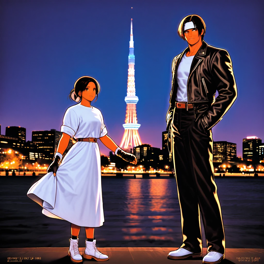 Tokyo Sky Tree's majestic silhouette glows against a vibrant blue night sky. A dashing couple, Orochiquillo and his girlfriend, stand facing each other, their dark skin glistening in the light. He wears a black leather jacket with rolled-up arms, fingerless gloves, and a white T-shirt under a white headband on his forehead. She matches him perfectly. Their bright red eyes shine like stars as they share a dazzling smile. They're dressed in identical outfits: black long pants, white shoes, and brown belts. The atmosphere is electric as they watch the fireworks display before them, with the famous Tokyo Sky Tree's towering presence behind.