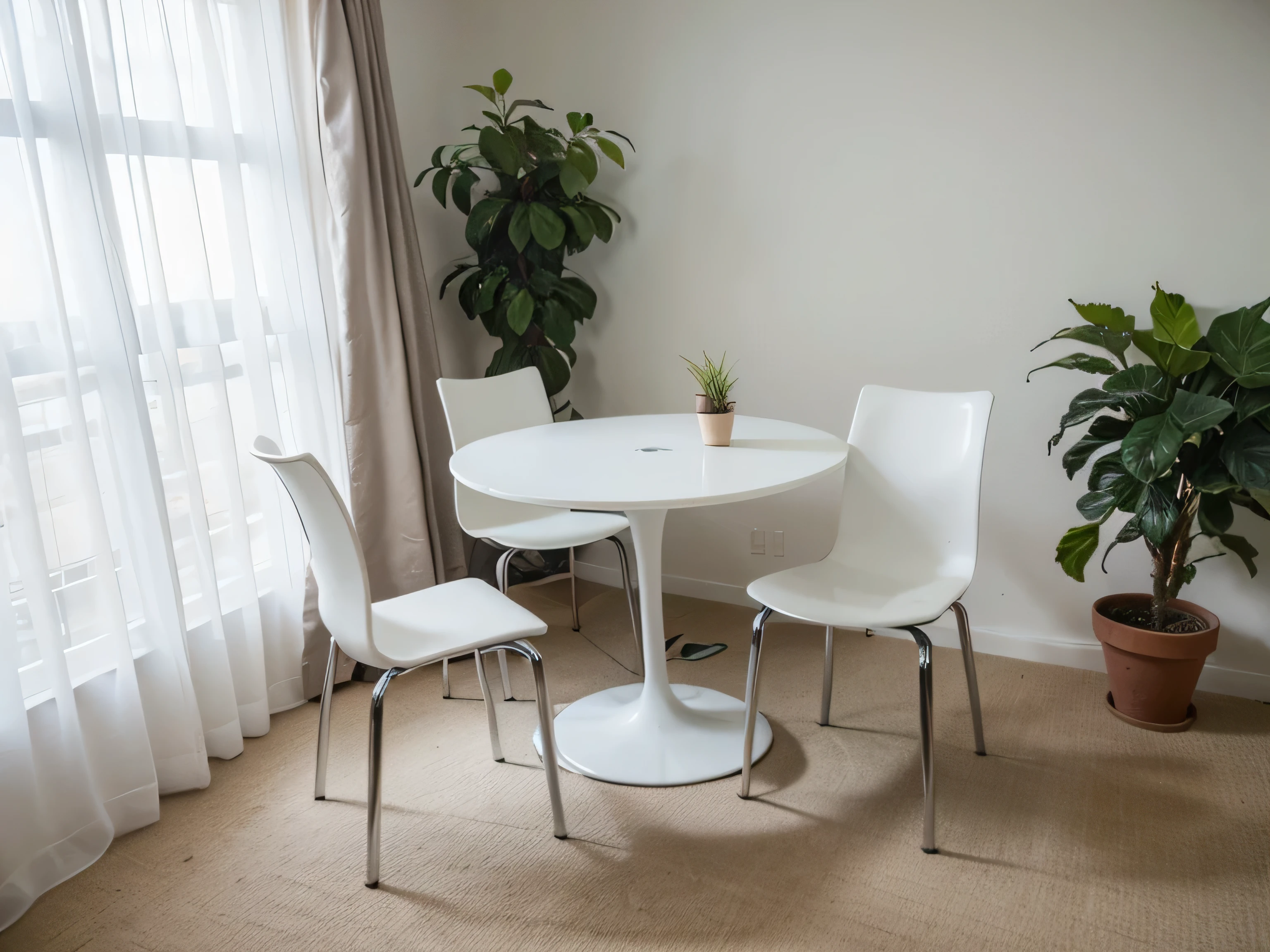 Simple and elegant modern interior，Two chairs are placed in the middle of the picture.，No table，Next to the empty floor-to-ceiling windows，Floor-to-ceiling windows，White translucent curtains，Top view，There are two simple white plastic chairs with backrests.，Two chairs close together，Placed alternately front and back，Random placement，Center，Two chairs placed together facing the camera，There are large green plants in the corner，No table，