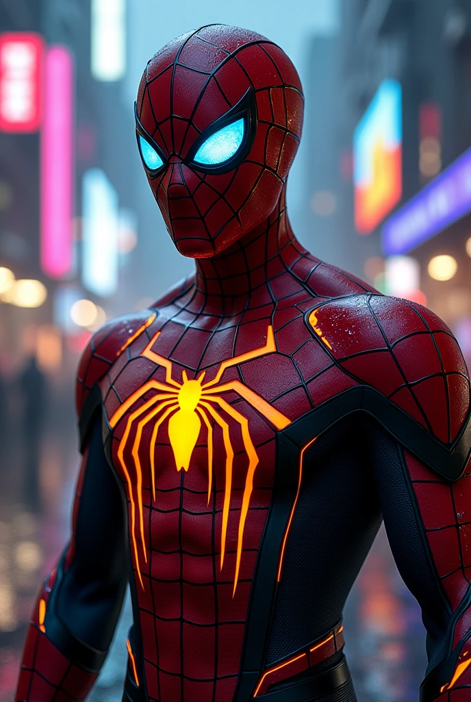 "A highly detailed, futuristic Spider-Man in a dark, neon-lit urban setting. The character wears a sleek, advanced suit with a mix of red and black, featuring intricate glowing circuitry patterns throughout the armor. The mask has glowing blue eyes and a web pattern design, seamlessly blending with the rest of the suit. The chest emblem is illuminated in bright orange and yellow, forming the iconic spider shape. The background showcases a vibrant cityscape with blurred neon lights, enhancing the cyberpunk aesthetic. The scene is dramatic, with the hero ready for action, set against a backdrop of modern, high-tech architecture."