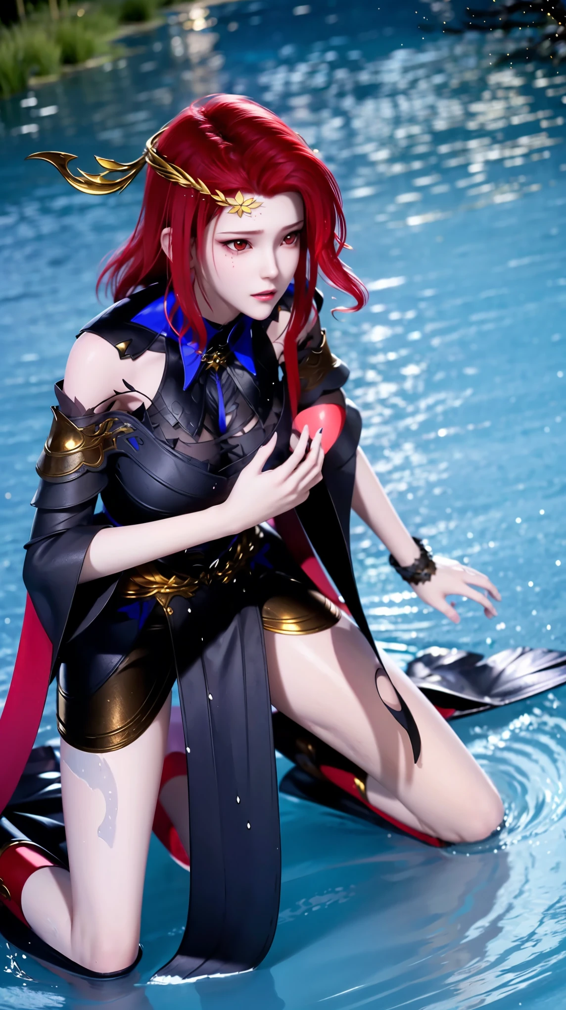 Cartoon woman kneeling on the starry sky, Water splashes at the knees,CG Social Trends, Smooth anime CG art, Starry sky background,Full body view,Royal sister kneeling posture