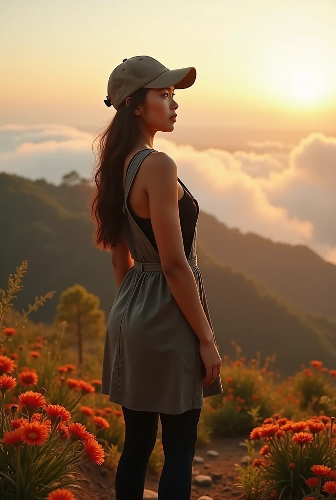 portrait photograph of a young java woman with polo Cap, wearing pinafore with tight-fitting, skirt with leggings, pinarofe, oversized_breasts.", she is hiking, beautiful_breasts. sensual body, in a unique, photoshot model, ((In front of flowers in sea of clouds over the mountain)), pullover, highres, 4k, HDR, 1girl, photorealistic, realistic, turning away facial at viewer, sunset