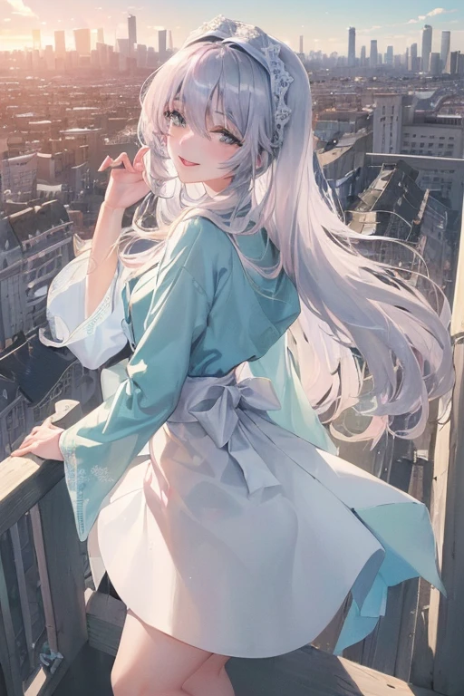 Official Art, masterpiece, Clear focus, (Beautiful, gorgeous and lovely Korean woman:1.3), (Beautiful and cute Korean:1.3), Korean beauty, Exquisite and beautiful hair、Eyes and face, Practical, Extremely detailed, beautiful girl, Blue sky, Glowing white particles, (Side Light:1.2), Sunlight, White Cloud, Detailed clouds, slim, Very cute big  and big butt, Smile with teeth bared, ((Smile with your eyes, Open your eyes)), landscape, Long and straight hair, Sexy，architecture, (city View:1.7), Dynamic Hair, very Long and straight hair, Detailed platinum silver hair, Green eyes, Short pink skirt, White socks, Pale skin, Hair accessories, epic landscape,Skirt lifted up