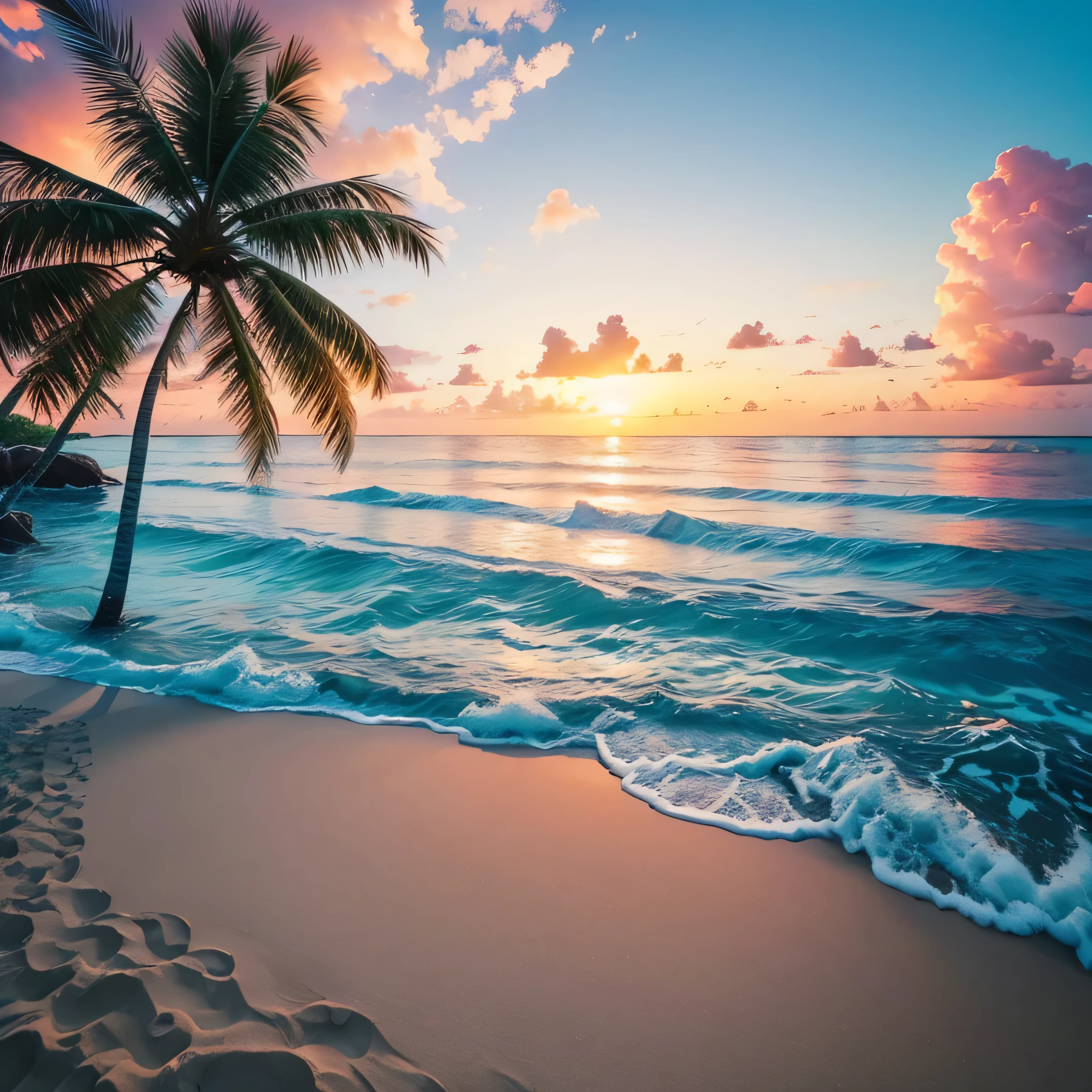 Generate images of pristine tropical beaches with white sand。, Turquoise Sea, Swaying palm trees, And a brilliant sunset.