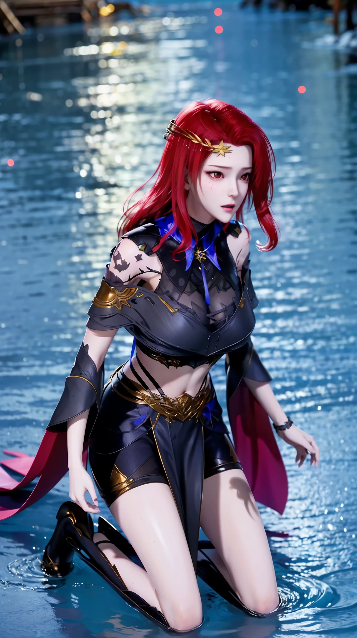 Cartoon woman kneeling on the starry sky, Water splashes at the knees，CG Social Trends, Smooth anime CG art, Starry sky background，Full body view，Royal sister kneeling posture