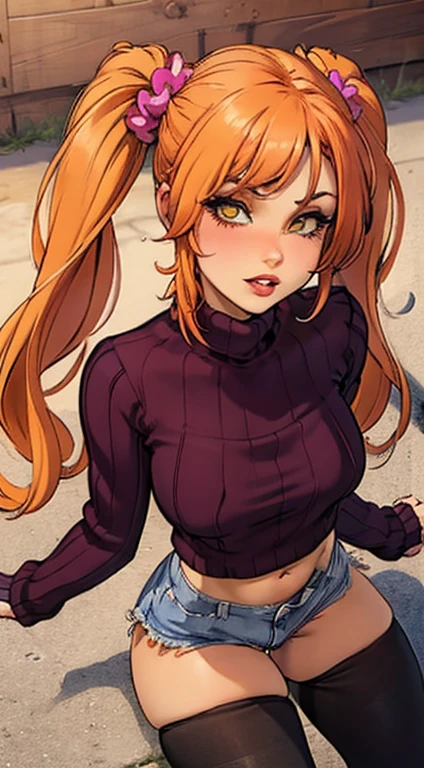 masterpiece, best quality, 1girl, solo, redhair, twintails, very long hair, yellow eyes, hair scrunchie, looking at viewer, lips, parted lips, cowboy shot, pantyhose, short shorts, turtleneck, ribbed sweater, torned clothes, penis on fave, nsfw