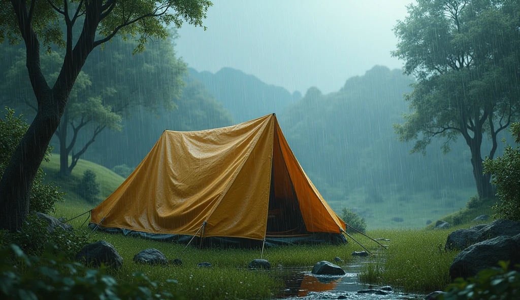 rainy and tendt realistic real image