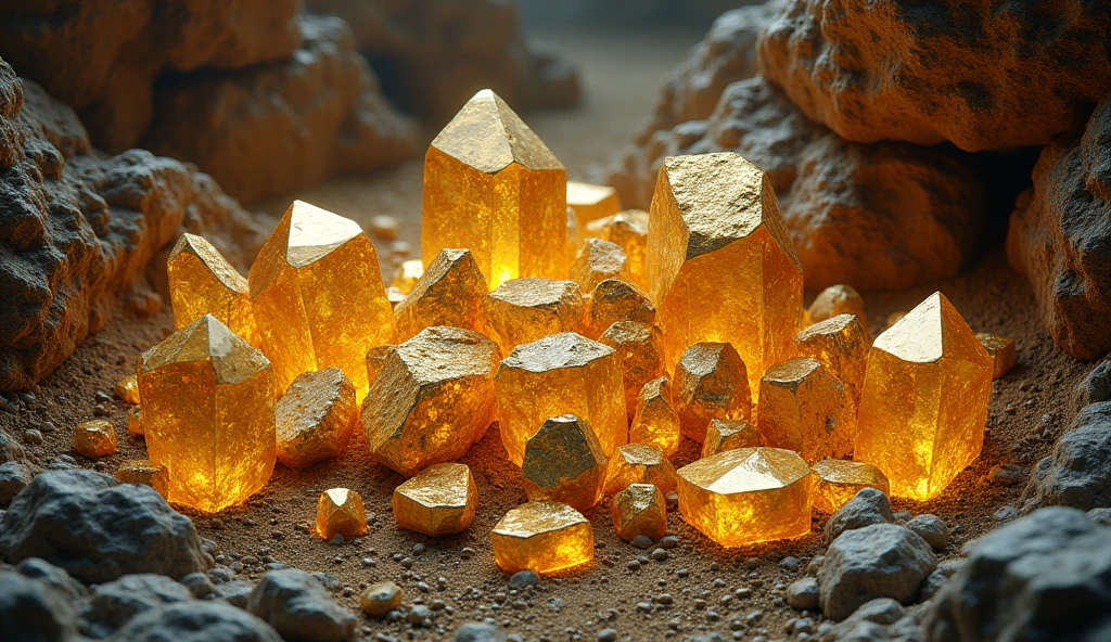 There are large pieces of gold stones and various crystal minerals under the rocky ground.(best quality,4K,8k,High level,masterpiece:1.2),Ultra Detailed,(lifelike,Photo real,Photo real:1.37)