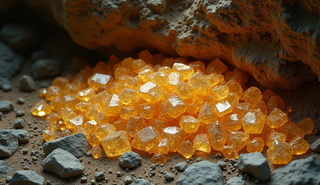There are large pieces of gold stones and various crystal minerals under the rocky ground.(best quality,4K,8k,High level,masterpiece:1.2),Ultra Detailed,(lifelike,Photo real,Photo real:1.37)