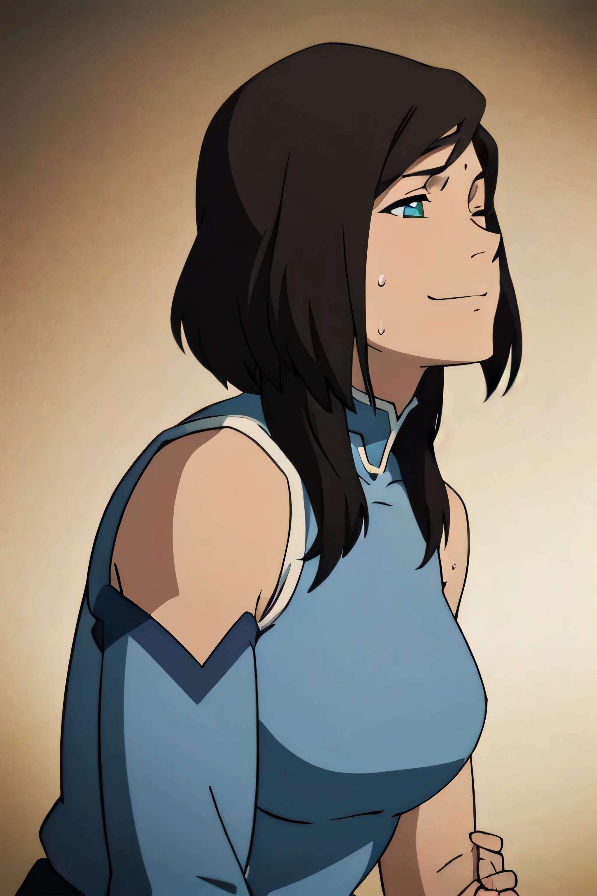 Korra,1girl, solo, upper body, side view, viewed from side, smile, sensual expression,eyes closed,leaning forwards,leaned forwards,sweaty