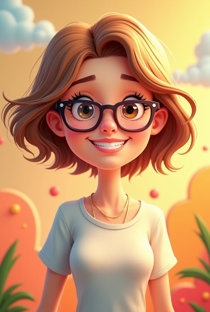 Make a happy woman with brown eyes, short light brown hair, glasses, adult in cartoon style 
