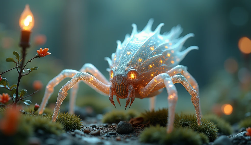 Meta tested - Generate a detailed image of a fantastical creature, resembling a hybrid of a Spider-man, with a translucent body. Place this creature in a miniature world, The overall atmosphere should be dreamy and magical, with a bokeh background that emphasizes the tiny, enchanting details of the creature and its surroundings. The style should combine elements of hyper-realism and fantasy, capturing the delicate textures and vibrant colors with stunning clarity