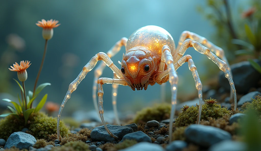 Meta tested - Generate a detailed image of a fantastical creature, resembling a hybrid of a Spider-man, with a translucent body. Place this creature in a miniature world, The overall atmosphere should be dreamy and magical, with a bokeh background that emphasizes the tiny, enchanting details of the creature and its surroundings. The style should combine elements of hyper-realism and fantasy, capturing the delicate textures and vibrant colors with stunning clarity