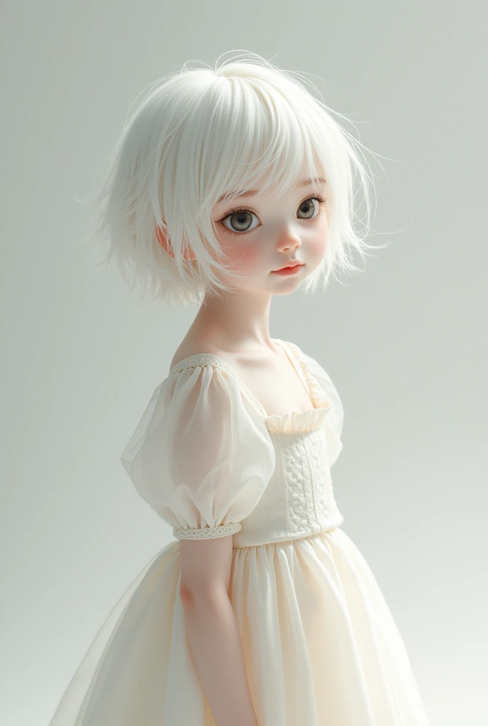 A girl with short hair, white colour, in frock
