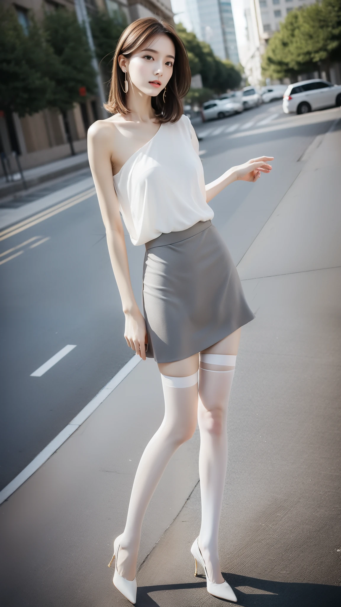 Ultra-clear resolution，sexy young girl，Shoulder-length hair，Light hair color，Earrings，Clear eyes，No makeup，Lip Gloss，Perfect face，Fair skin，Perfect breasts，Long and slender legs，Very long legs，Loose fit deep V top，Pantyhose，Gray office miniskirt，High heel，Empty outdoors