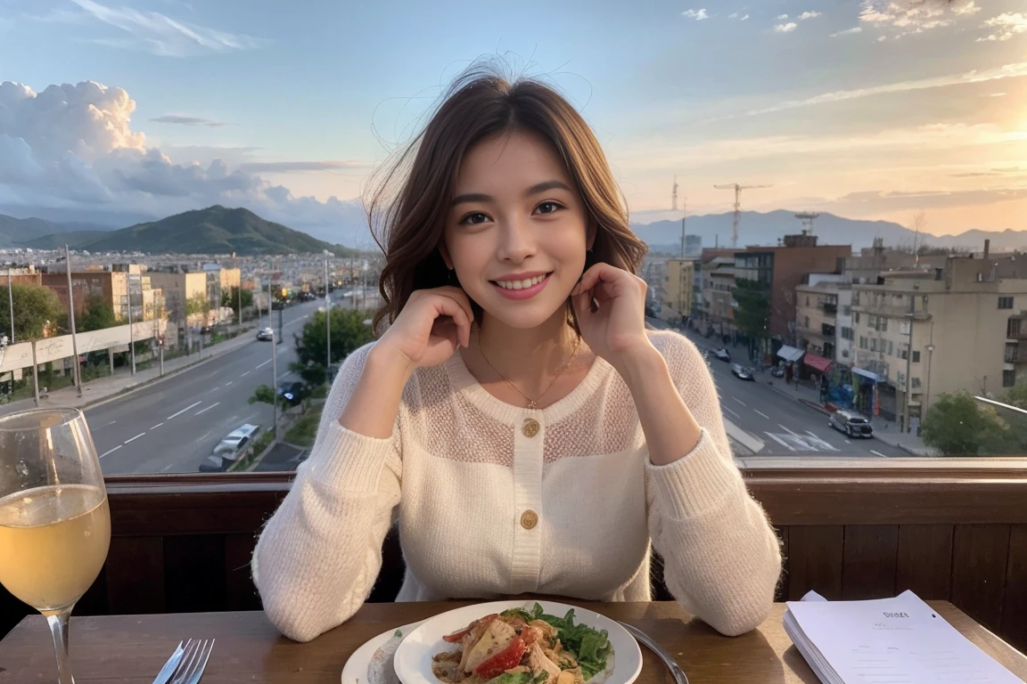 （Realistic:1.1）,(masterpiece,Highest quality)，8k,(49 years old), 53 years old, ベリーslimボディ、slimカップル、Tight waist,Upper Body,full-course dinner、wine 、Amazing view of the sunset sky and clouds、Perfect Anatomy, Brown Hair, short hair,Random Hairstyles,((Highly detailed face and eyes:1.2))，Perfect golden ratio face，Long sleeve shirt、dress,(smile:1.2)、Shortcuts、cute、(Realistic, Intricate details:1.2), A bright smile、short hair,Bright Face、赤wine 、Appetizers、Italian food、wine bottle、Champagne、スパークリングwine、(slimな顔), (The body is slim), (Brown Hair), (Shortcuts),  Upper Body, 白wine, slim, wineグラス, 