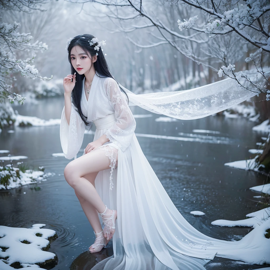 Best image quality，Very detailed，Very high resolution，Perfect body proportions，Works of top photographers。Beautiful Hanfu girl，Long eyelashes，big eyes，Shining eyes，Eye bags，Full lips，Small nose，Happy expression，Sweet，Exquisite makeup，full-body shot，snow White, The legs are thin and straight，Snow-white skin，White embroidered skirt，neckLace，Showing long legs，Lace，Sweet，Long hair flying，best quality，masterpiece，，Imagine，Seven-part shooting model: Hanfu, CFG scale: 7, Lola: Future Fashion(0.4)、rainbow(0.4)、Martial Arts(0.2)、Asian face woman-2(0.4)、Poetic fairy tale(0.01)