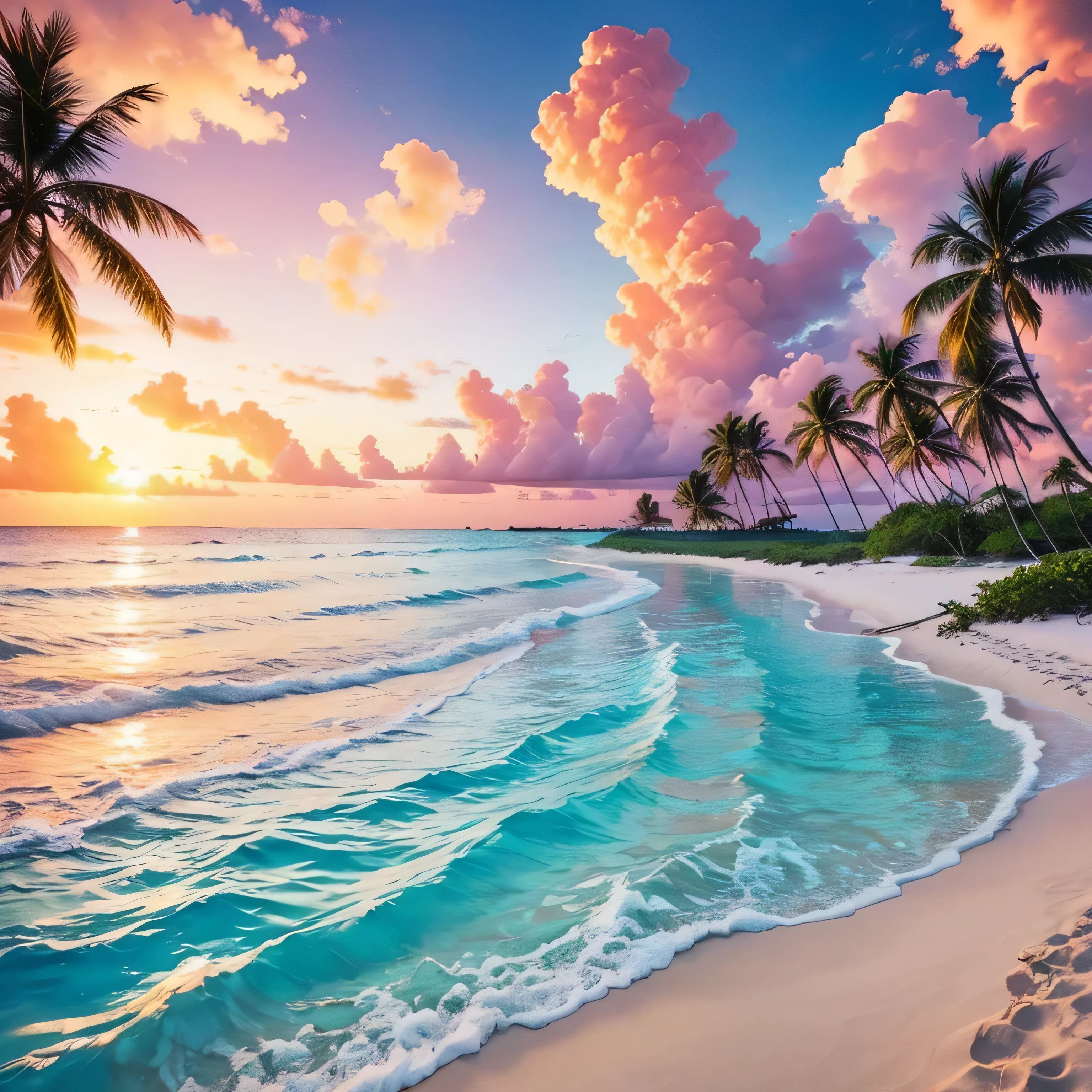 Generate images of pristine tropical beaches with white sand。, Turquoise Sea, Swaying palm trees, And a brilliant sunset.