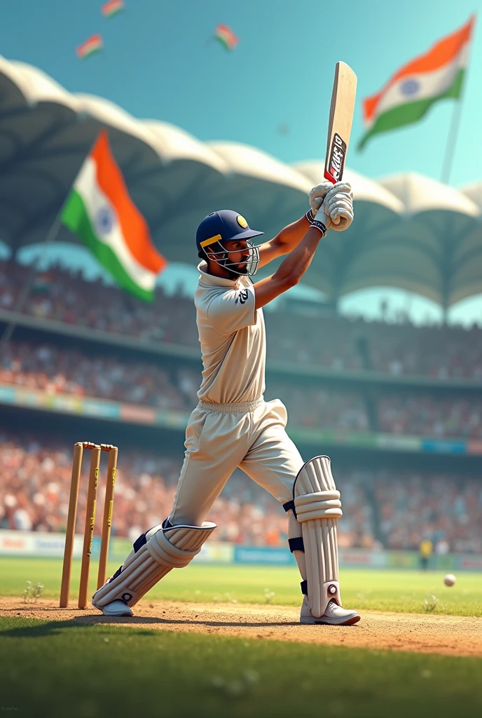 Virat Kohli playing cover drive with big crowd in background in stadium waving Indian flag