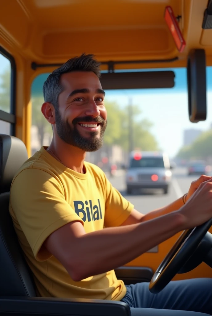 A Men wearing a shirt bilal name written on shirt driving a school bus
