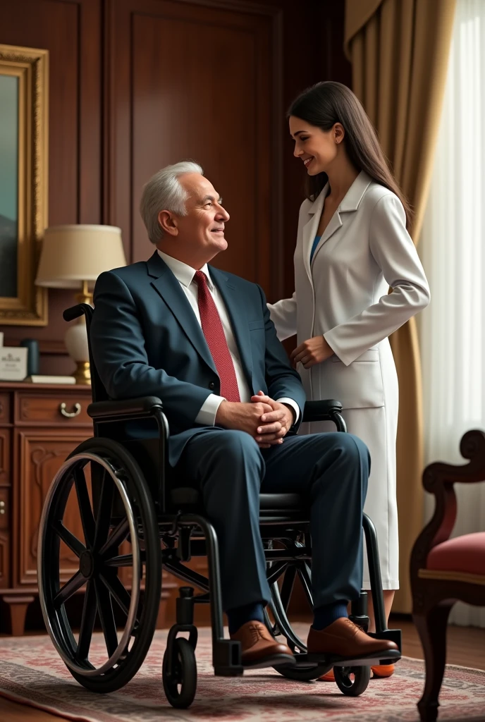 A 30-year-old millionaire man in a wheelchair and a female caregiver in front of him