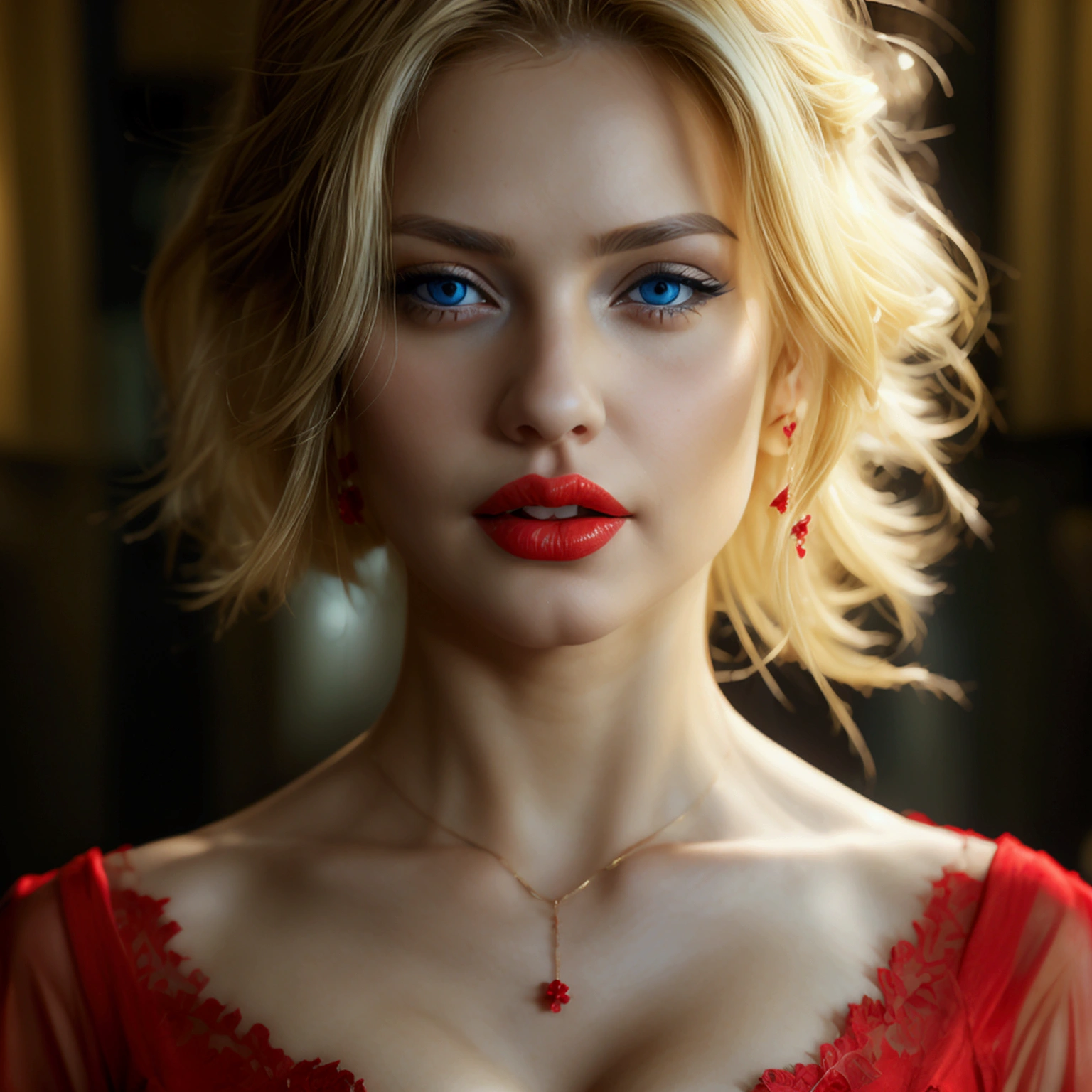 A very beautiful and attractive woman with blond hair, blue eyes and red lips, wearing a red dress with excessive cleavage and slits.