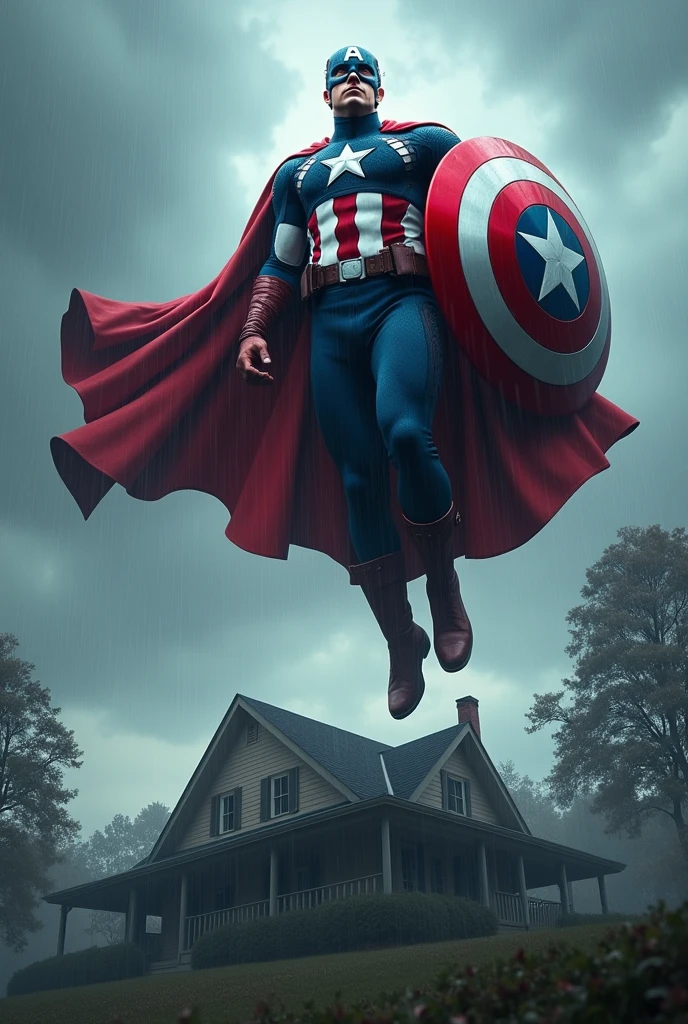 captain America  , symbolizing my waterproofing product  ,  floating in the air with his cape, protecting a house from rain with a shield , Put it on the roof flying over the house protecting it making gestures of strength to protect the house from the sky 