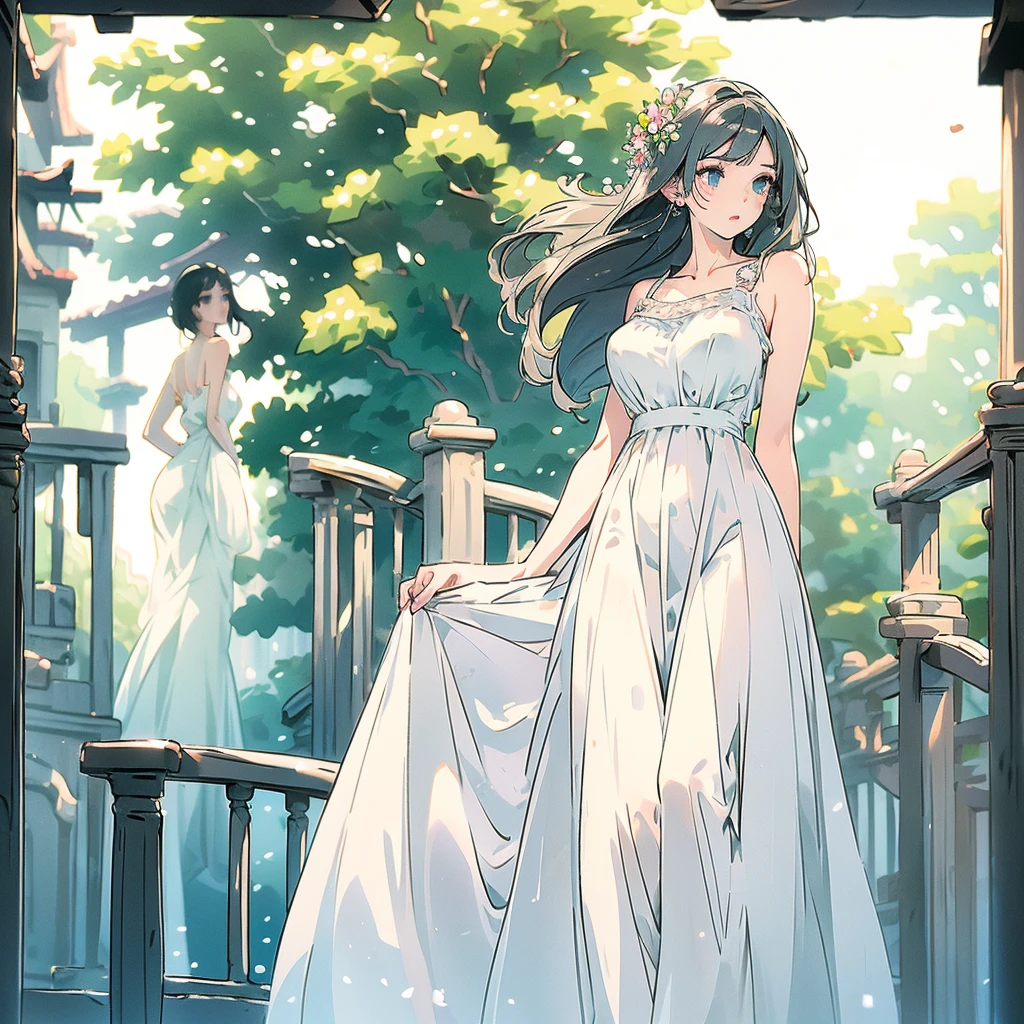 Highest quality, masterpiece, alone, 1 female、(Slim figure)、Ample breasts、White Dress、(Blur the background to make the woman stand out.:1.3)、(The sunlight shines in)、(Beautiful flowers in the background)、cure