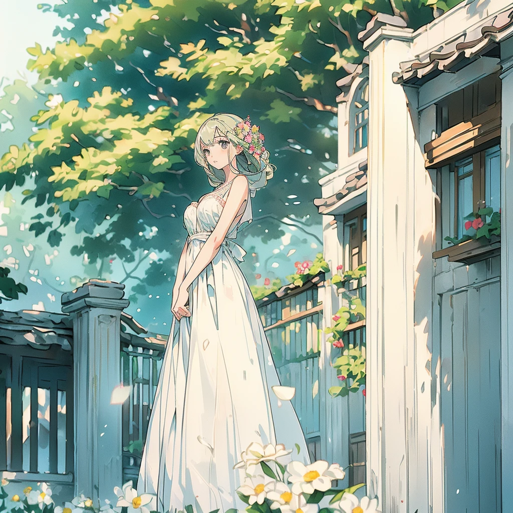Highest quality, masterpiece, alone, 1 female、(Slim figure)、Ample breasts、White Dress、(Blur the background to make the woman stand out.:1.3)、(The sunlight shines in)、(Beautiful flowers in the background)、cure