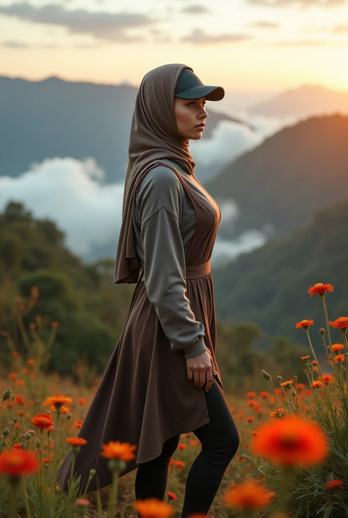 portrait photograph of a hijaber young java woman with polo Cap, wearing pinafore skir with tight-fitting, skirt with leggings, pinarofe, oversized_breasts.", she is hiking, beautiful_breasts. sensual body, in a unique, photoshot model, ((In front of flowers in sea of clouds over the mountain)), pullover, highres, 4k, HDR, 1girl, photorealistic, realistic, turning away facial at viewer, sunset
