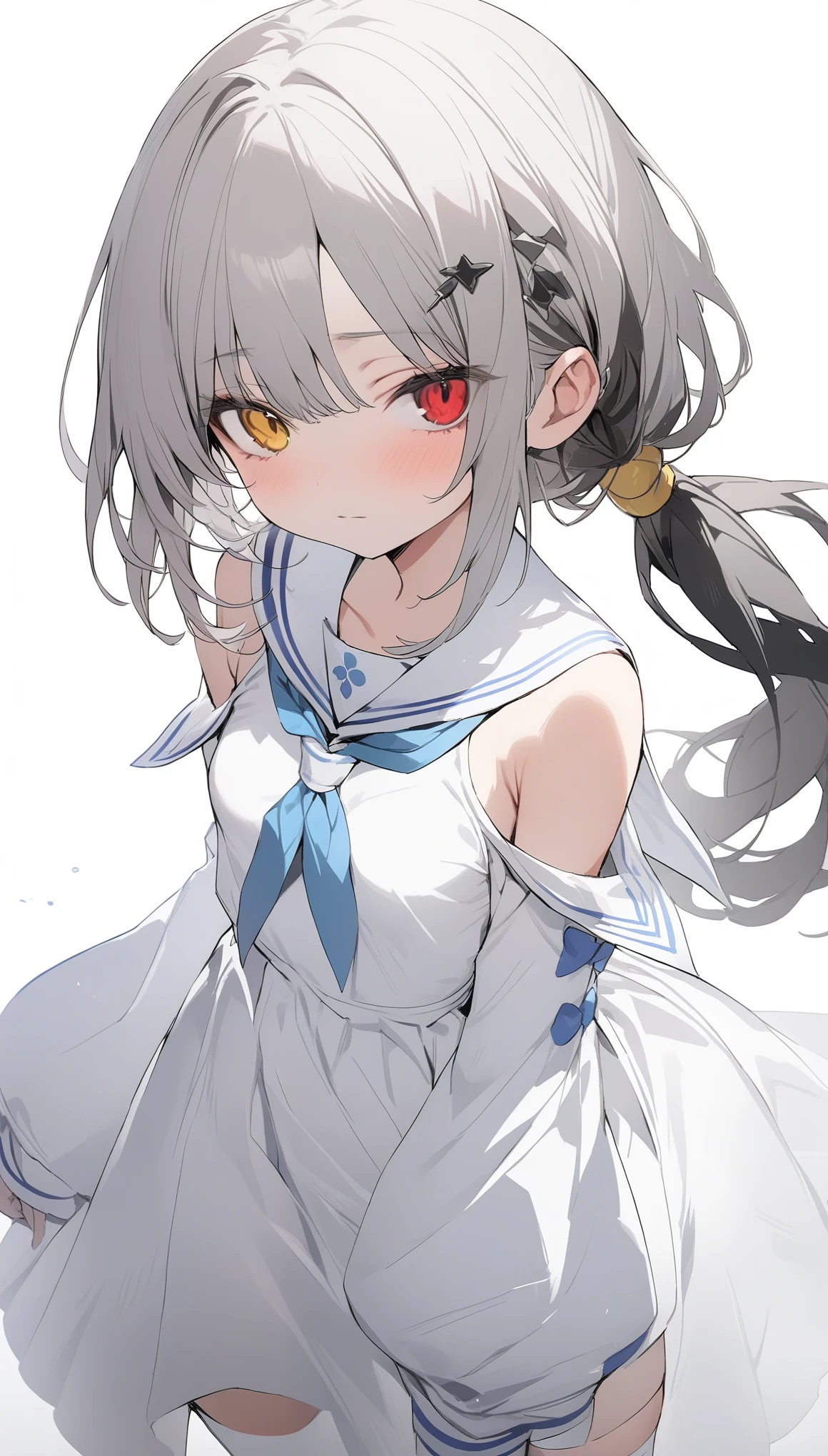 {{masterpiece}}, The best quality of life, 超High resolution, Attention to detail, high quality, High resolution, 最high quality, 4K, 8k,Attention to detail,((White medium hair、Low Ponytail、curi inside hair、Gray Hair))) hair ornaments、One Woman、Small breasts,((expressionless、slant eyes,))((Perfect red and yellow eyes)) ,((Heterochromia iridis)) ,((White background))、(((White long-sleeved sailor dress、Open shoulder、Moe sleeves、White Knee-high boots)))Cowboy Shot、Watching Me