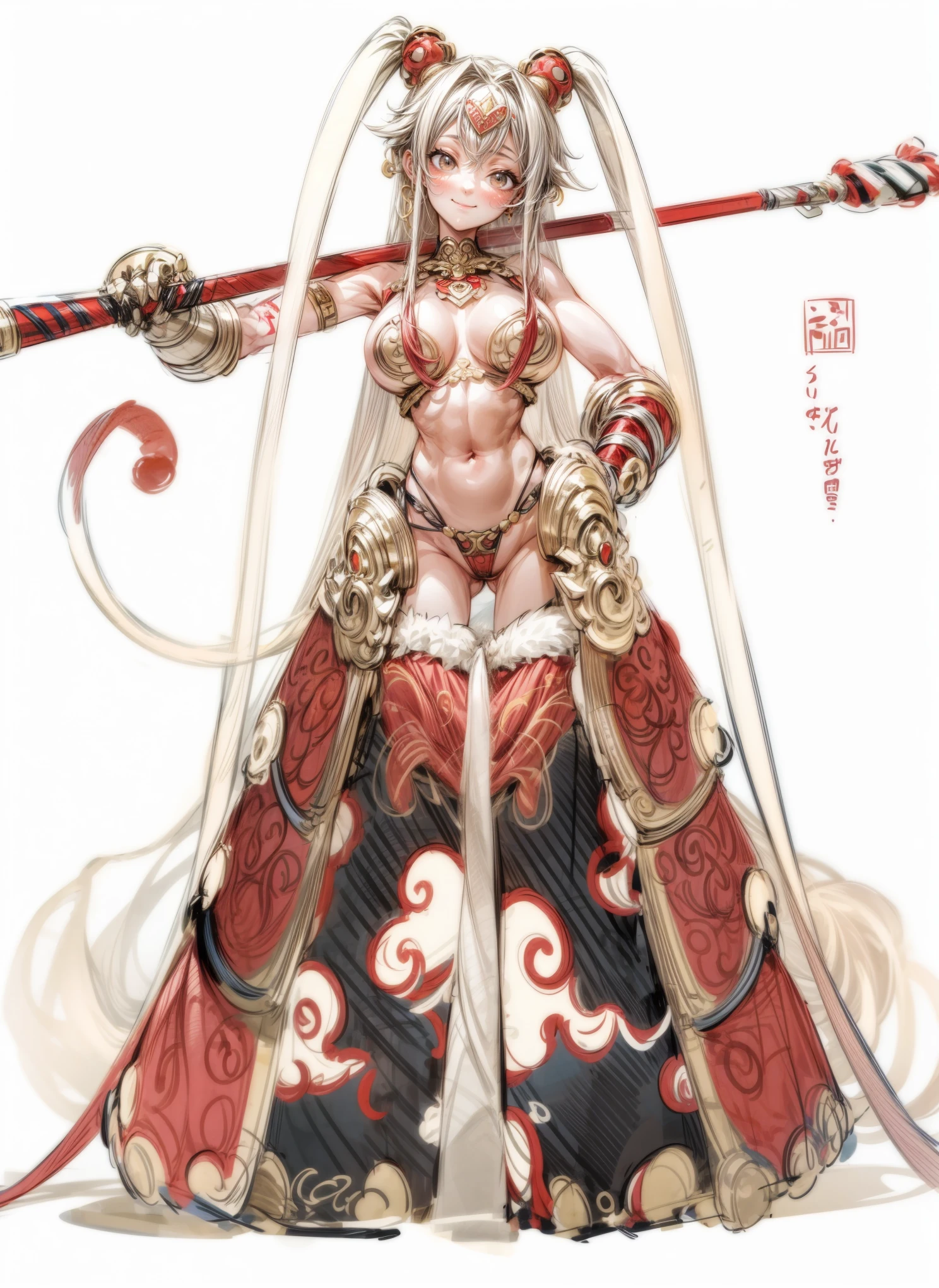 1 girl, Solo, high resolution, long hair, looking at the audience, smile, simple background,Wukong