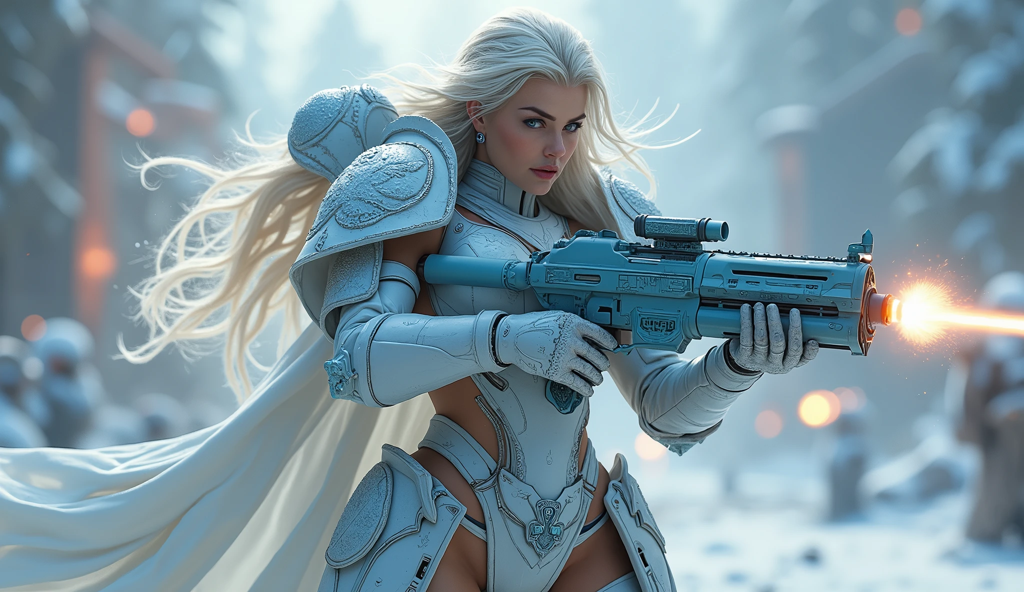 a beautiful woman with long platinum blonde hair, porcelain skin, ice blue eyes, sexy sisters of battle from the warhammer 40k, shooting at the enemy, frosty white and light blue space marine armor with intricate details, religous symbols on the armor, sisters of battle, warhammer 40k, Massive silicone breast, pale skin, seductive, temptation, eat your soul, clevage, , standing in a magical winter wonderland with snow-covered trees and frozen lakes, intricate ice crystals and snowflakes surrounding her, (best quality,4k,8k,highres,masterpiece:1.2),ultra-detailed,(realistic,photorealistic,photo-realistic:1.37),fantasy,digital art,cinematic lighting, highly detailed armor, intricate futuristic weaponry, gritty and realistic, mecha, science fiction, hyper-detailed, photorealistic, award winning digital art, 8k, HDR, masters work, in the middle of a battle field, full body combat action pose, explosions and fire around, full war, charging, running forward, attacking, stunning, Stilleto heels, high heels, full body pose, cinematic, dust and debree, combat screams, attacking, shooting at the enemy, sisters of battle, warhammer 40kdramatic color palette,frozen landscape,ice powers,snow queen
