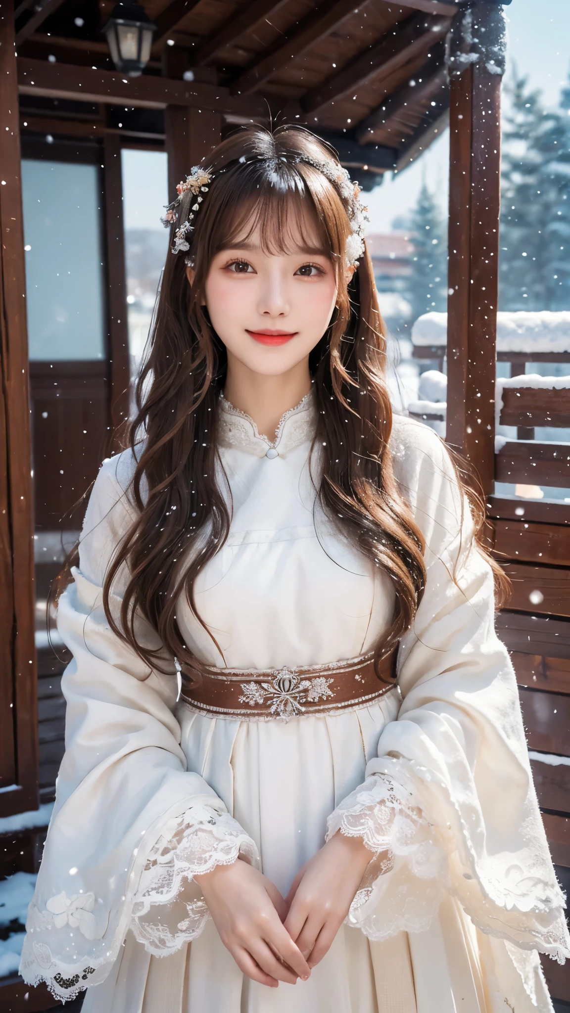 masterpiece,Best picture quality,8K resolution,girl,Smile,Long hair,Brown hair,Wave head,Collar,Pendants,Lace trim,Hanfu,Cinematic Lighting,Winter snow method
