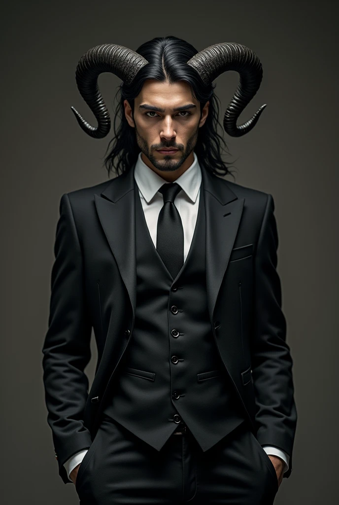 A guy with black hair, vest suit, Goat horns and seductive look