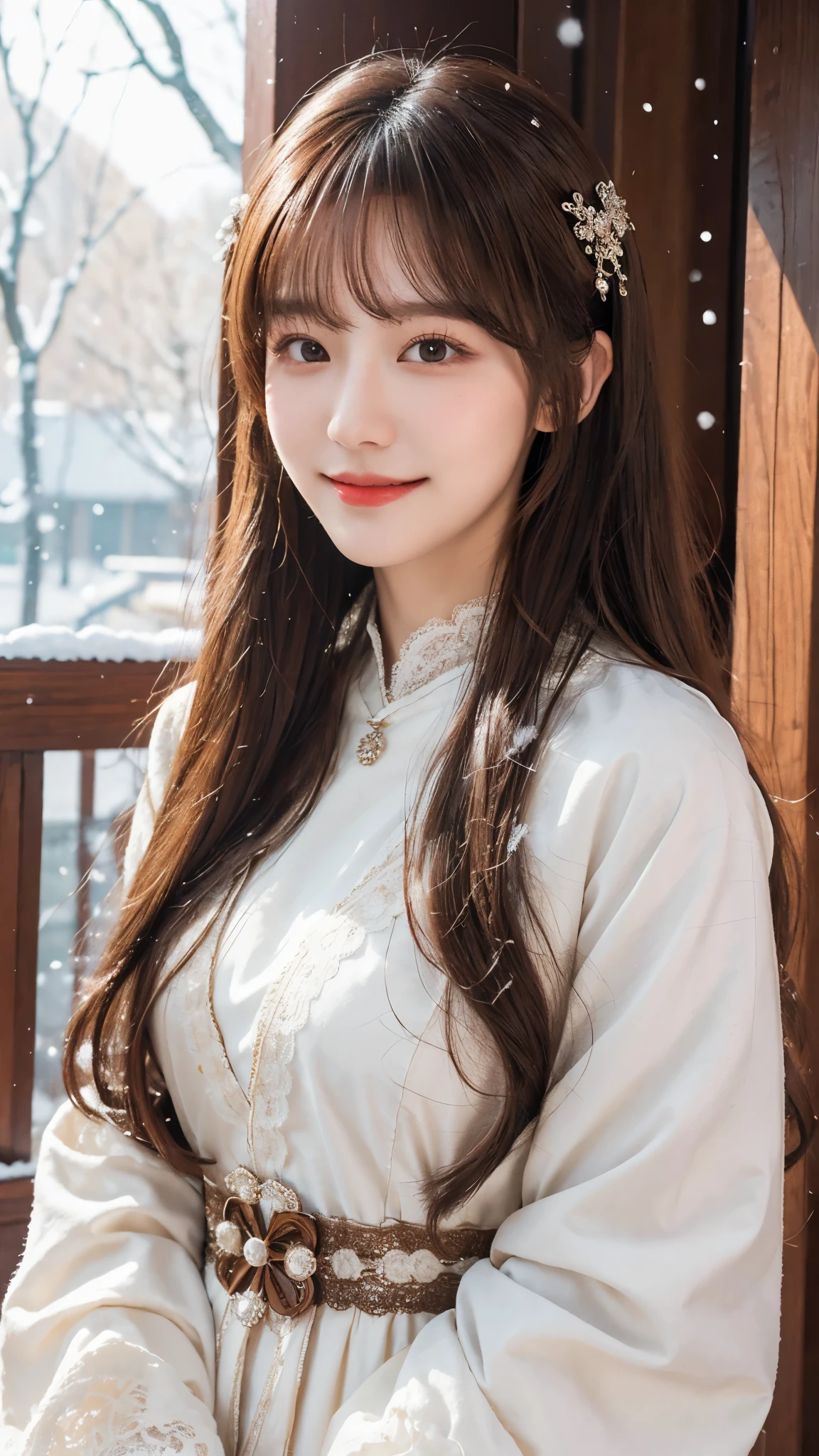 masterpiece,Best picture quality,8K resolution,girl,Smile,Long hair,Brown hair,Wave head,Collar,Pendants,Lace trim,Hanfu,Cinematic Lighting,Winter snow method