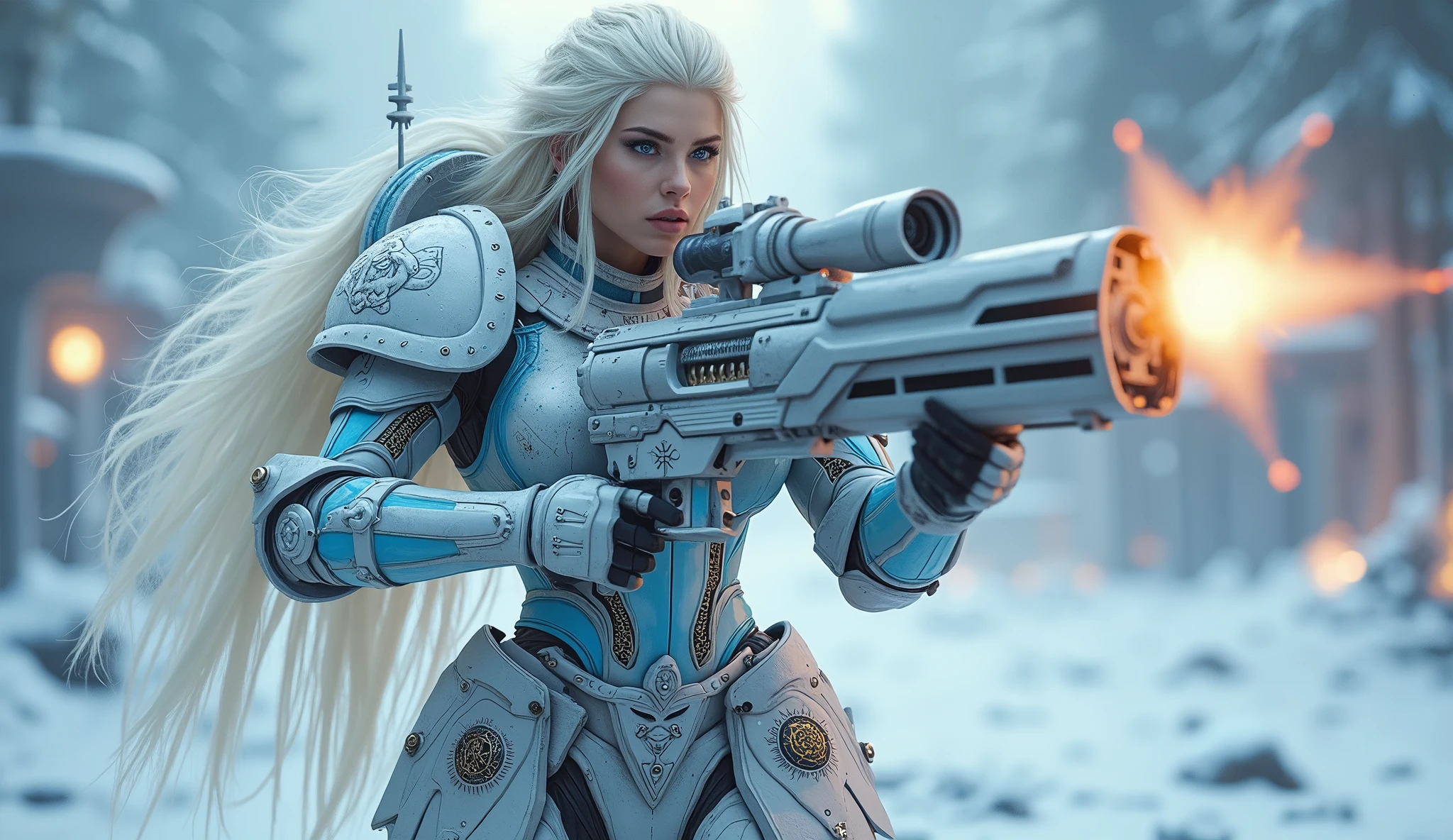 a beautiful woman with long platinum blonde hair, porcelain skin, ice blue eyes, sexy sisters of battle from the warhammer 40k, shooting at the enemy, frosty white and light blue space marine armor with intricate details, religous symbols on the armor, sisters of battle, warhammer 40k, Massive silicone breast, pale skin, seductive, temptation, eat your soul, clevage, , standing in a magical winter wonderland with snow-covered trees and frozen lakes, intricate ice crystals and snowflakes surrounding her, (best quality,4k,8k,highres,masterpiece:1.2),ultra-detailed,(realistic,photorealistic,photo-realistic:1.37),fantasy,digital art,cinematic lighting, highly detailed armor, intricate futuristic weaponry, gritty and realistic, mecha, science fiction, hyper-detailed, photorealistic, award winning digital art, 8k, HDR, masters work, in the middle of a battle field, full body combat action pose, explosions and fire around, full war, charging, running forward, attacking, stunning, Stilleto heels, high heels, full body pose, cinematic, dust and debree, combat screams, attacking, shooting at the enemy, sisters of battle, warhammer 40kdramatic color palette,frozen landscape,ice powers,snow queen