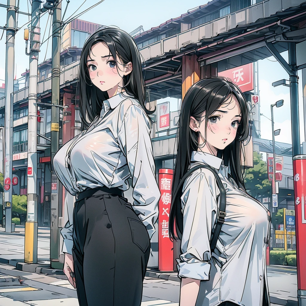 、(masterpiece:1.4)、(In 8K、Realistic、RAW Photos、Highest quality:1.4)、(True Face:1.4)、(Realistic Skin:1.3)、Ultra-high resolution、超Realistic、Beautiful details in the eyes、Black hair Long hair、耳Nipple Ring、secretary、company employee、White collared shirt、Black trousers、Attention to detail、(Big Breasts:1.5)、choker、blush、Embarrassed look、Attractive face、In front of the station、stand、Business Bags