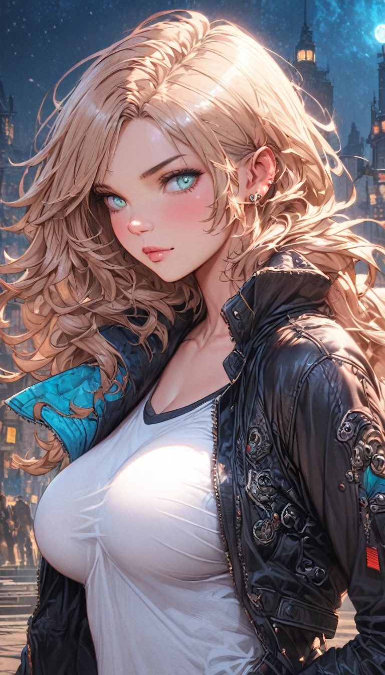 best quality,4k,8k,highres,masterpiece:1.2),ultra-detailed, extremely detailed eyes, extremely detailed body, (large masterpiece digital art), (detailed manga illustration), (detailed line art), ((perfect ???????)), (intricate details:1.3), (ultra-detailed:1.3), (illustration:1.3), (sharp focus:1.3), (natural lighting:1.05), (vivid colors:1.3), (masterpiece), (best quality:1.4), (perfect ???????:1.4), high quality, expressive eyes, full body, detailed face, beautiful face, perfect face, 1 girl, muscular, tall girl, large breasts, long hair, light brown hair, straight hair, low ponytail, detailed hair, ((casual clothes)), grey t-shirt, (vest), open vest, (blue pants), denim pants, pale skin, aquamarine eyes, splash art, curvy, black combat boots, cinematic lighting, dramatic atmosphere, Atey Ghailan, Jeremy Mann, Greg Manchess, Antonio Moro, trend in ArtStation, trend in CGSociety, Intricate, High Detail, Sharp focus, dramatic and photorealistic painting art by Midjourney and Greg Rutkowski, Jeff Bridges, ((cartoon style)), Marvel Cinematic Universe style, (((Night sky in the background))),