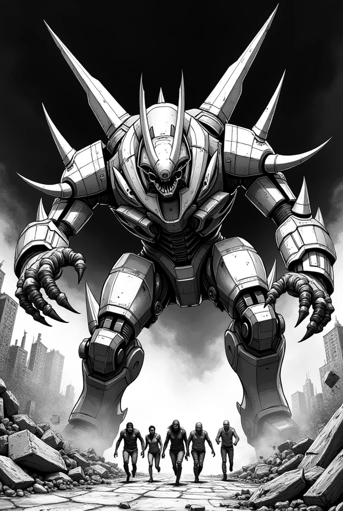 design art for sticker, vector art, line art drawing, metal band artwork, death metal artwork, at the midle in half body of: mutant mecha killer, attacking, at the low ground people in chaos, black background of ruined city bulding