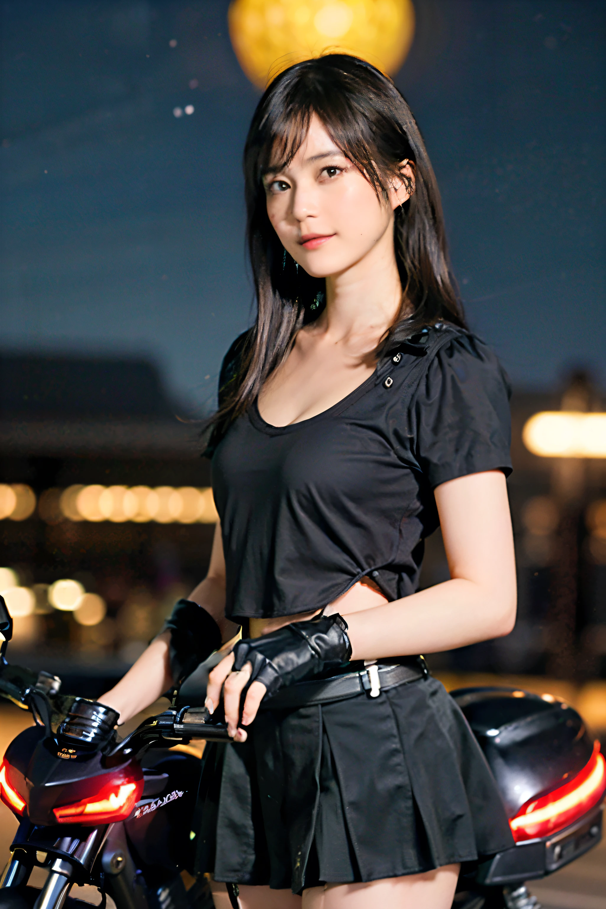 (8k, best quality, masterpiece:1.2), (realistic, photo-realistic:1.37), ultra-detailed, 1 girl,cute, solo, (tifa lockhart), (small breasts),(beautiful detailed eyes), (smile:1.2), (closed mouth), erotic pose, dancing, neon lights, cityscape, depth of field, dark intense shadows, sharp focus, cars, motion blur, motor bikes, depth of field, good composition, green glowing light, Final Fantasy VII, dating,(nose blush), single elbow pad, ankle boots, black hair, black skirt, black thighhighs, red boots, elbow gloves, elbow pads, fingerless gloves, taut shirt, sports bra, (suspender black skirt), thighhighs, white tank top, full body, head rest, lips, pretty face, low-tied long hair, ((red_eyes)), yellow flowers, (night:1.3), intricate, bokeh, cinematic lighting, photon mapping, radiosity, physically-based rendering, (Tetsuya Nomura style)