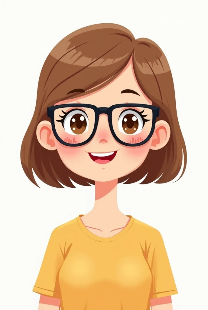 Make a happy woman with brown eyes, short light brown straight hair , glasses, adult with a cartoon style and white background