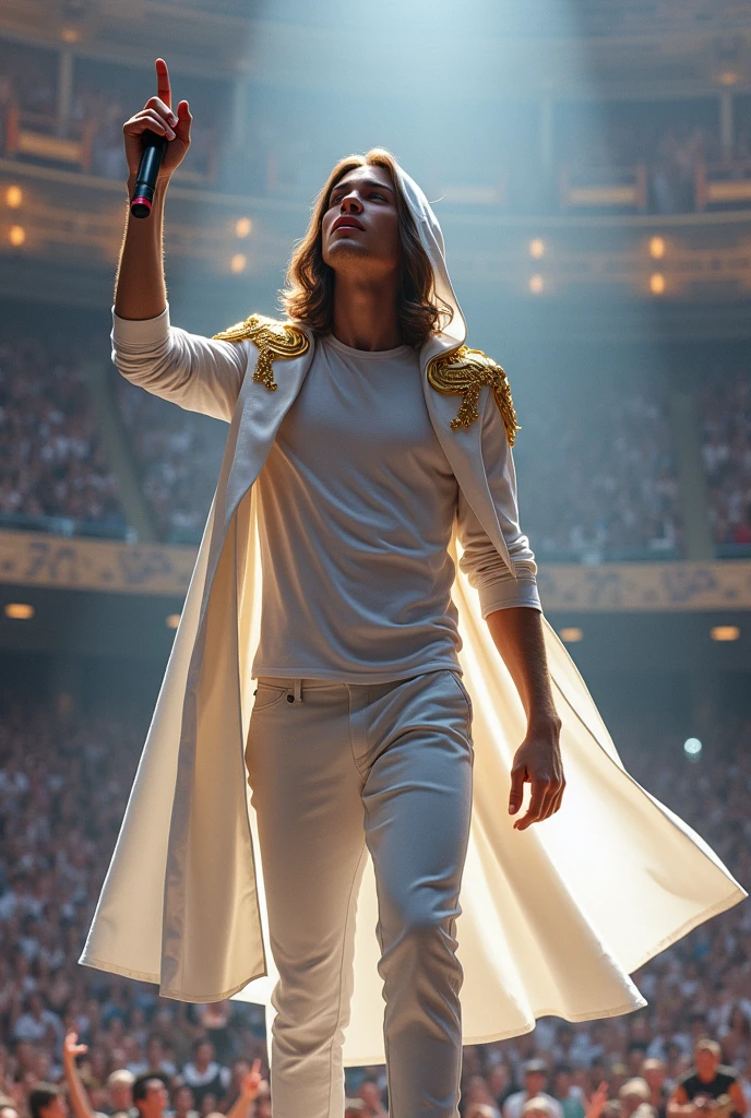 artwork best quality realism handsome american male teenager long brown hair light skin with white cape and hooded coat on head with gold accents white long sleeve shirt and white pants underneath intricate details singing holding a microphone seen from afar pointing upwards in an ultra detailed concert with uhq 8k details
