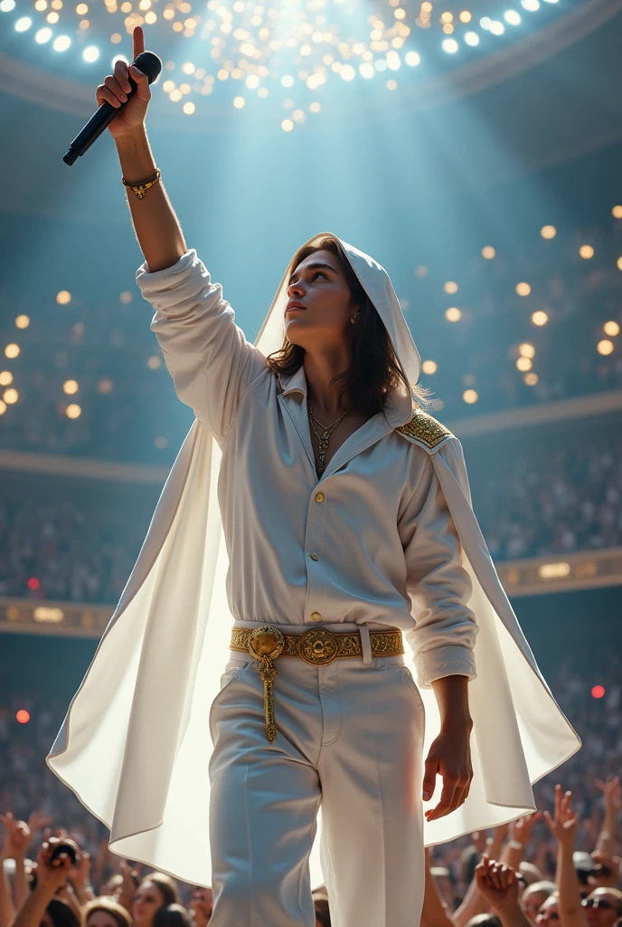 artwork best quality realism handsome american male teenager long brown hair light skin with white cape and hooded coat on head with gold accents white long sleeve shirt and white pants underneath intricate details singing holding a microphone seen from afar pointing upwards in an ultra detailed concert with uhq 8k details