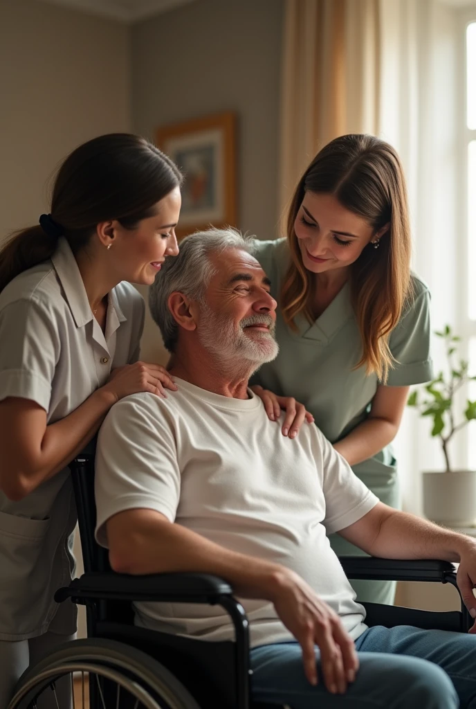 A 30-year-old man in a wheelchair and a 2 female caregiver in front of you and in love