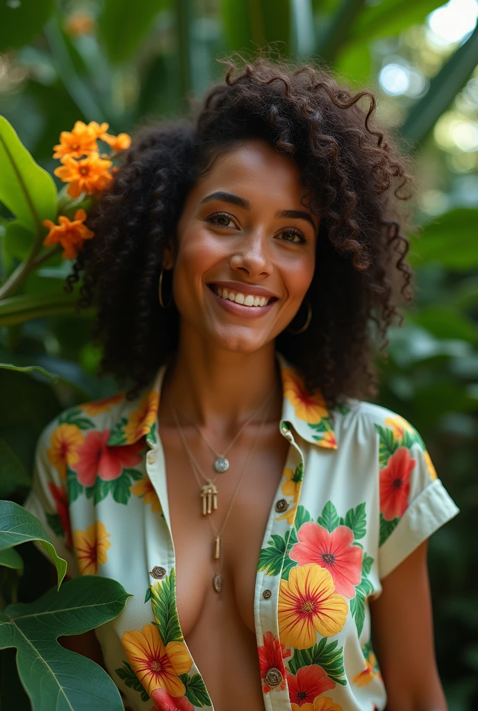 A Brazilian woman in a lush tropical garden, wearing an open shirt with a floral print, with a close-up capturing the harmonious beauty between her breasts and the natural flowers, showing off your natural charm and outgoing personality.